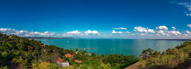 Wall Mural - Lake Balaton panoramic view with sailboats from Tihany abbey in Hungary