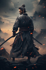 Wall Mural - Japanese ferocious samurai warrior with katana on dramatic neutral background