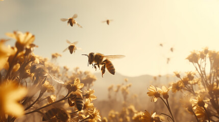 Bee and flower. Close up of a large striped bee collects honey on a flower on a Sunny bright day. Summer and spring backgrounds