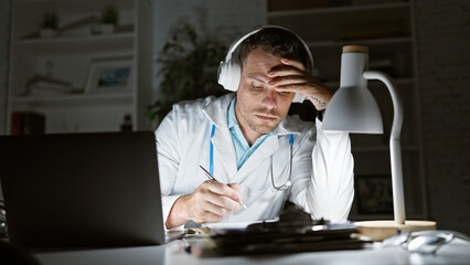 Poster - Stressed hispanic male doctor working late in a clinic office, wearing headphones, displaying exhaustion and concern.