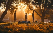 A Father And His Two Sons Stand , Then Lie Down And Stretch Their Muscles While Enjoying The Serene Ambiance Of A Park During The Beautiful Sunset Hours .