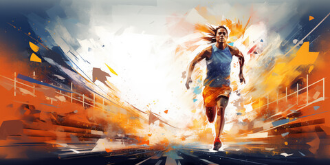 Wall Mural - Artistic female athlete running fitness concept. Lady runner abstract colorful art background