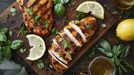 Sticker - Grilled chicken breasts on a grill plate on black background with copy space, top view. Bbq background 