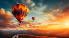 Colorful Hot-air Balloons Flying Over The Mountain