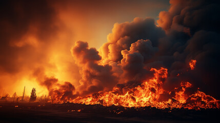 Poster - Big fire in the field and huge pillar of smoke to the clouds