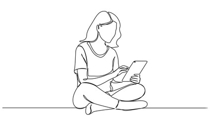 Wall Mural - animated continuous single line drawing of young woman sitting on floor using tablet computer, line art animation