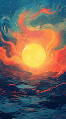 Wall Mural - Hand drawn beautiful illustration of the burning sun in the sky
