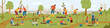 Multiracial group of people working in community garden. Adults and kids planting trees and bushes outdoors vector horizontal banner. Different people carrying trees, digging, watering.