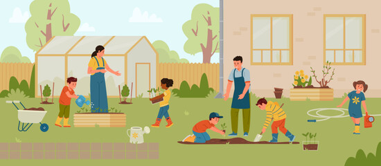 Wall Mural - Teachers and children planting trees and bushes in the school backyard flat vector illustration. School garden with people, greenhouse, beds, cart, freshly planted trees and bushes.