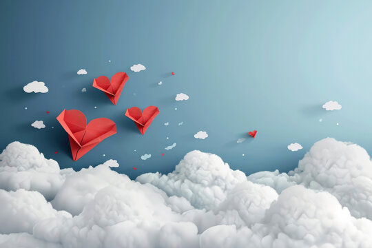 Paper art style of valentine's day greeting card and love concept.Red airplanes flying look like heart shap