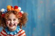 funny red-haired curly-haired girl, April Fool, happy child, circus performer, childrens Day, big smile and laughter