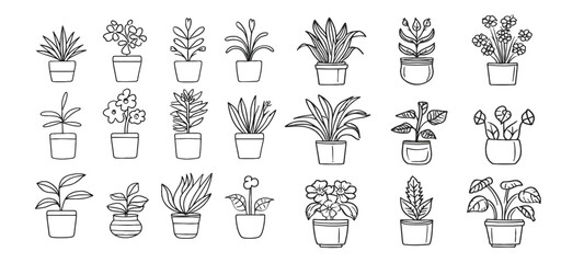 Set of continuous line drawing of house plant and flowers in pots.
