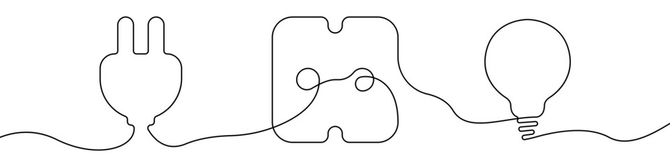 Poster - Socket, plug, liiht bulb line continuous drawing vector. One line Socket vector background. plug icon. Continuous outline of a Socket, plug.
