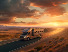 Recreational Vehicle Apartment Truck On The Road In A Wonderful Sunset Sunrise Aerial AI Photo