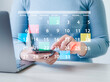 © MrPanya - Planning and Scheduling Calendar of meetings, events and activities Time management Notifications and reminders of important events Woman sitting with laptop on work calendar.