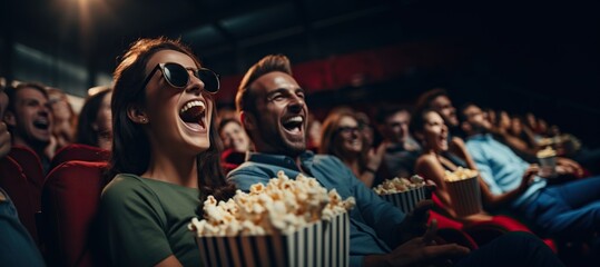 Amigos viendo película de comedia en el cine y riendo a carcajadas. Público en butacas de teatro con palomitas y bebidas disfrutando del tiempo de ocio.