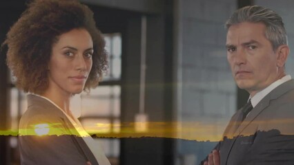 Poster - Animation of sun setting over diverse business people in office
