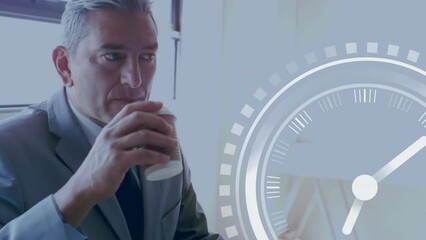 Poster - Animation of clock ticking over caucasian businessman drinking tea
