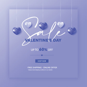 Happy Valentine's Day Sale Poster or banner with symbol of heart and valentine elements on blue background. Promotion and shopping template for love and Valentine's day concept