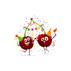 Cartoon cherry twins character, birthday holiday. Kids party berry comical mascot, children holiday event or child birthday congratulating cherry isolated vector happy personages in confetti