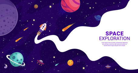 Poster - Cartoon spaceship and UFO with chemtrails in starry galaxy, space exploration vector background. Rocket launch and galactic adventure poster with spaceship rocket shuttle in spaceflight to planets
