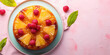 Classic retro pineapple upside down cake, soft, buttery with a caramelized brown sugar pineapple and berry topping on pink table background. Dessert from childhood.
