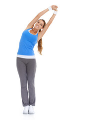 Poster - Woman, workout and stretching in studio for training, fitness and a wellness white background. Portrait of athlete or model with muscle health, arms in air and exercise for pilates or sports warm up