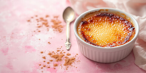 Creme Brulee is a custard dessert with a caramel crust on a pink table. A classic delicate creamy dessert, close-up picture for the menu.