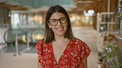 Poster - Beautiful, carefree hispanic woman with glasses, posing confidently and smiling at a bustling city shopping center, radiating happiness and success