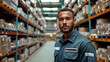 © Andrea Raffin - Portrait of a man standing in a big warehouse with shelves full of boxes.