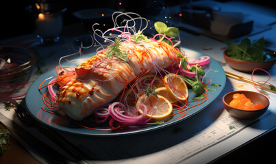 Wall Mural - Fried salmon with lemon and salad on a blue plate on a dark background.