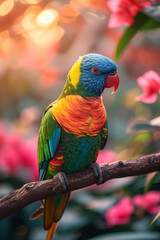 Wall Mural - A portrayal of a contented pastel-colored parrot, perched on a branch.