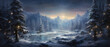Amidst a wintry wonderland, a river flows through snow-covered mountains as towering spruce and fir trees stand as symbols of the christmas season in this picturesque outdoor landscape