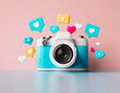 Colorful hearts flying out of a retro camera on a pink background