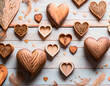 Wooden hearts on white wooden background. Valentine's day concept.
