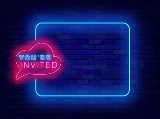 Wall Mural - You are invited neon greeting card. Party and shop advertising. Empty blue frame with typography. Vector illustration