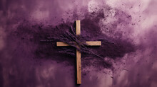 Sacred Journey With A Purple Background Featuring A Cross Adorned With Lavender-colored Ash, Symbolizing Ash Wednesday And The Purity Of Catholic Easter.