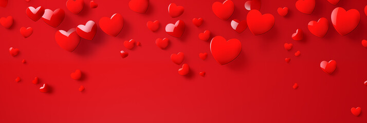 Wall Mural - Red hearts on red background banner. Valentine's Day. Panoramic web header with copy space. Wide screen wallpaper.