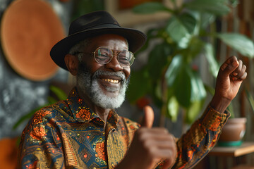 An elderly black man is dancing happily at home, symbolizing joy and wellness,