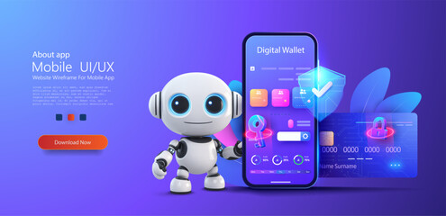 Poster - Futuristic Robot with Digital Wallet Interface on Smartphone Screen - Secure Mobile Banking Concept. Fintech financial technology online payment digital economy concept. Vector illustration