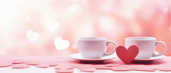 Two cups of coffee with red heart on pink bokeh background.