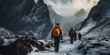 Adventurers trekking through a snowy mountain pass wearing backpacks