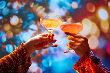 Two woman's hands holding sweet and sour cocktails and clinking. Blurred background. Selective focus. Concept of Valentines day, alcohol drinks, date, romantic, vacation.