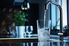 Water Flows From A Faucet Into A Glass In The Kitchen