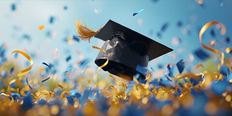 Wall Mural - Graduation hat and confetti on blue sky background. Mixed media