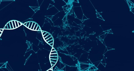 Poster - Animation of dna strands spinning with glowing light trails over dark background