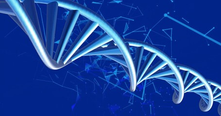 Poster - Animation of dna strands spinning with glowing light trails over blue background