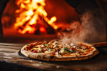 Wall Mural - Fresh pizza with basil, cheese and tamato sauce in wood fired oven. Generative AI