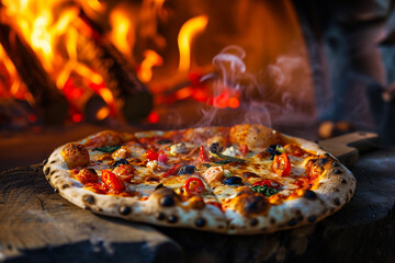 Wall Mural - Fresh pizza with basil, cheese and tamato sauce in wood fired oven. Generative AI