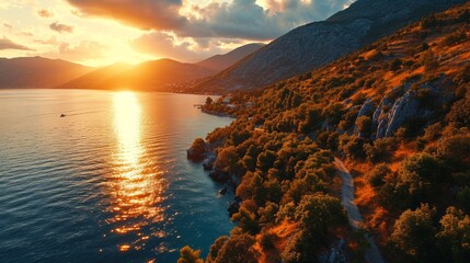 Poster - Boka Kotor Bay, warm sunset tones, aerial drone view, tranquil waters, detailed sunset Generative AI